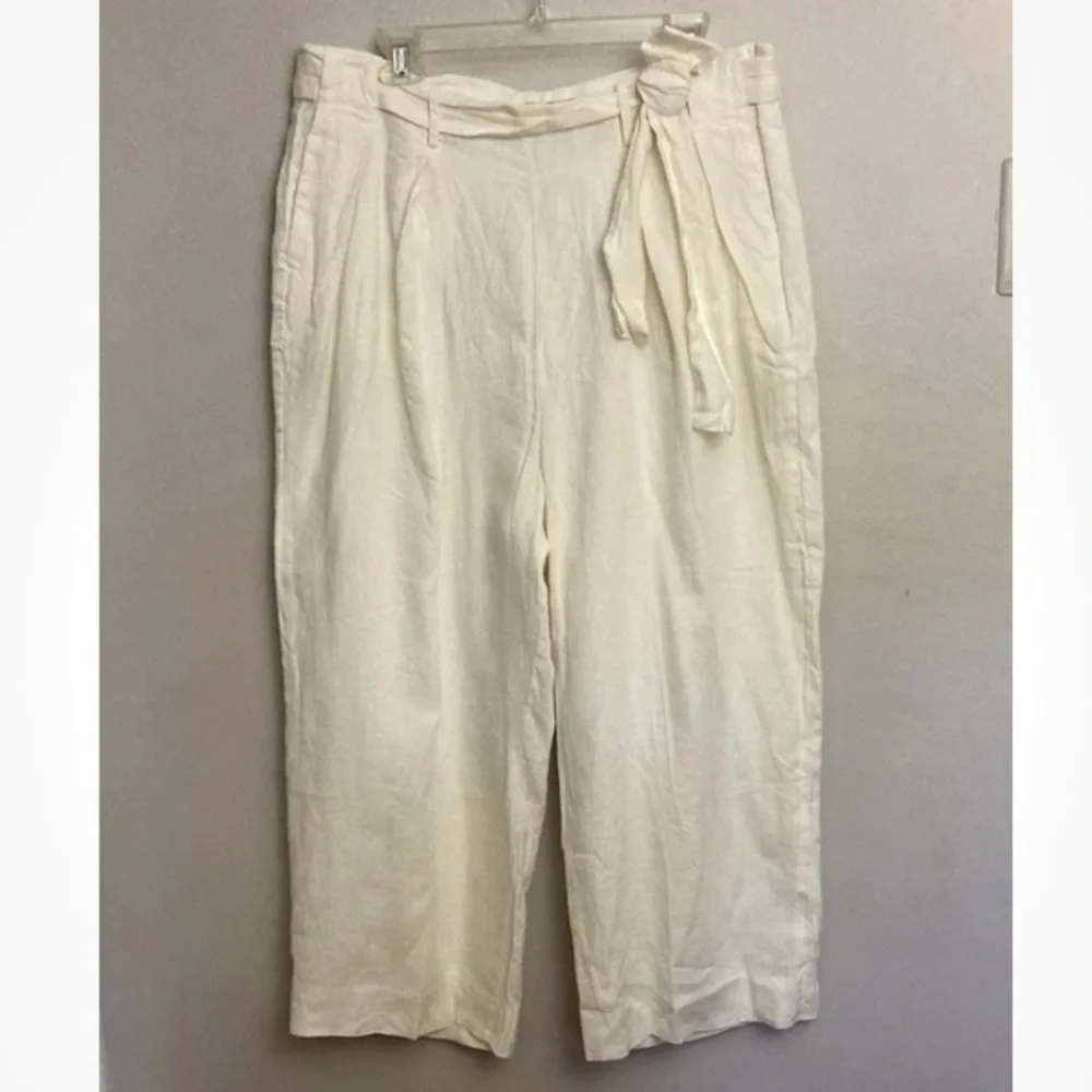 7-24 J Crew White 100% Linen Cropped Pants Wide Leg Belted 16 NWT NEW